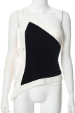 Black And White Sexy Patchwork Slit Contrast Oblique Collar Tops