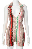 Red Sexy Print Patchwork Deep V Neck Skinny Rompers