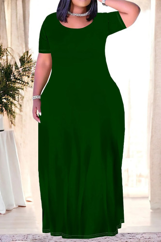 Dark Green Casual Daily Solid Color Pocket O Neck Printed Plus Size Dresses