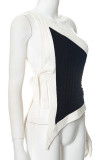 Black And White Sexy Patchwork Slit Contrast Oblique Collar Tops