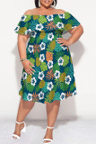 Blue Casual Floral Print Ruffle Off Shoulder Printed Plus Size Dresses