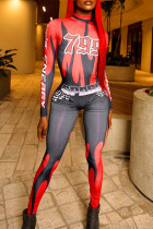 Red Street Print Patchwork Zipper O Neck Skinny Jumpsuits