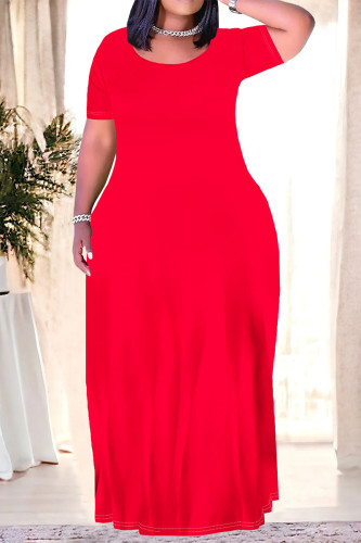 Red Casual Daily Solid Color Pocket O Neck Printed Plus Size Dresses