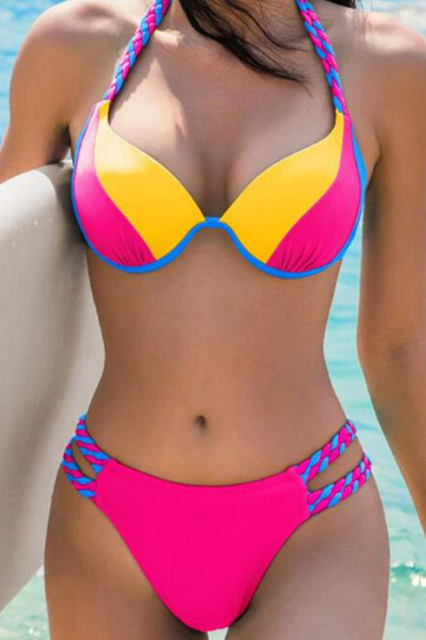 Rose Red Sportswear Patchwork Backless Contrast Swimwears