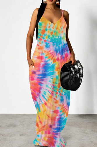 Colour Casual Print Patchwork Backless Spaghetti Strap Sling Dresses