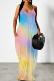 Orange Yellow Casual Print Patchwork Backless Spaghetti Strap Sling Dresses