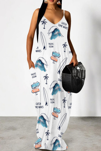 White Blue Casual Print Patchwork Backless Spaghetti Strap Sling Dresses
