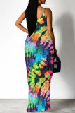 Blue Casual Print Patchwork Backless Spaghetti Strap Sling Dresses