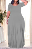 Grey Casual Daily Solid Color Pocket O Neck Printed Plus Size Dresses