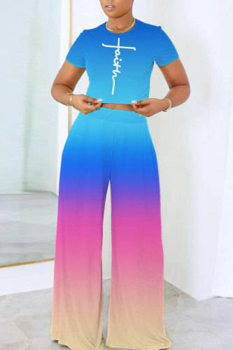 Blue Pink Casual Gradient Print Letter Print Basic O Neck Short Sleeve Two Pieces