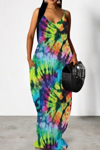 Multicolor Casual Print Patchwork Backless Spaghetti Strap Sling Dresses