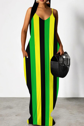 Green Yellow Casual Print Patchwork Backless Spaghetti Strap Sling Dresses