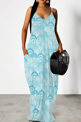 Blue Casual Print Patchwork Backless Spaghetti Strap Sling Dresses