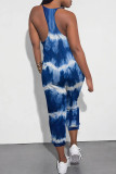 Blue Casual Street Tie Dye Print Pocket Contrast V Neck Loose Jumpsuits