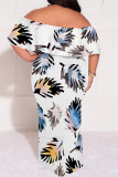 White Casual Street Floral Print Off Shoulder Printed Plus Size Dresses