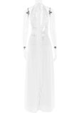 White Sexy Solid Color Backless Slit Belted Halter Long Dresses