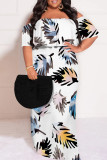 White Casual Street Floral Print Off Shoulder Printed Plus Size Dresses