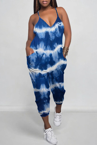 Blue Casual Street Tie Dye Print Pocket Contrast V Neck Loose Jumpsuits