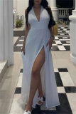 White Sexy Solid Color Backless Slit Belted Halter Long Dresses