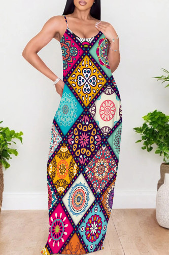 Multicolor Elegant Print Patchwork Backless Spaghetti Strap Sling Dresses