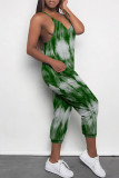 Blue Casual Street Tie Dye Print Pocket Contrast V Neck Loose Jumpsuits