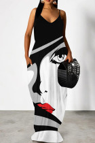 Black White Elegant Print Patchwork Backless Spaghetti Strap Sling Dresses