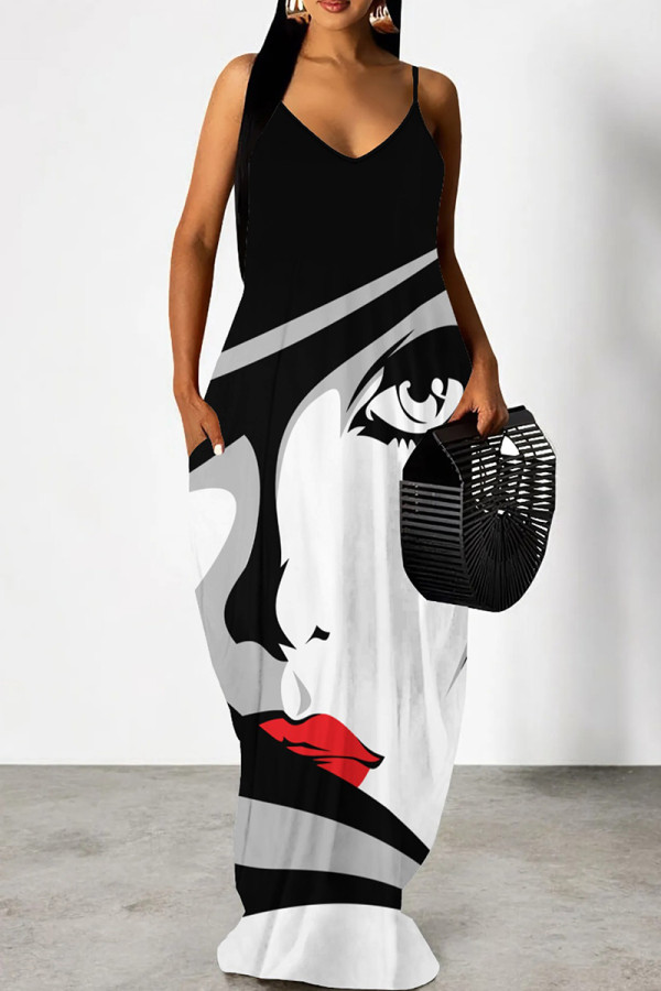 Black White Elegant Print Patchwork Backless Spaghetti Strap Sling Dresses