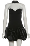Black Sexy Solid Color Hollow Out Patchwork Backless Halter A Line Dresses