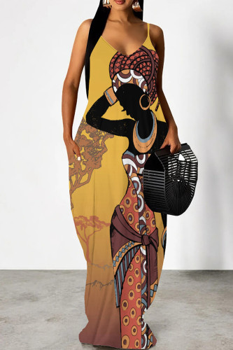 Gold Elegant Print Patchwork Backless Spaghetti Strap Sling Dresses
