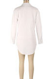White Casual Buckle Patchwork Contrast Shirt Collar Tops