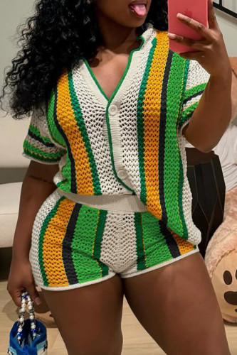 Green Casual Stripe Hollow Out Buckle Patchwork V Neck Short Sleeve Two Pieces