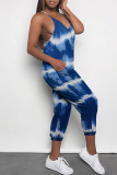 Blue Casual Street Tie Dye Print Pocket Contrast V Neck Loose Jumpsuits
