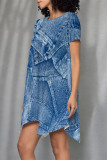 Grey Casual Faux Denim Print O Neck Printed Short Sleeve Dress