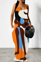Orange Blue Elegant Print Patchwork Backless Spaghetti Strap Sling Dresses