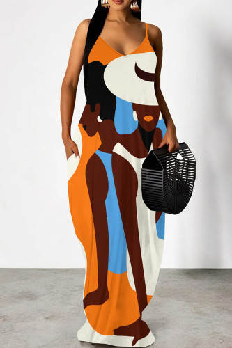 Orange Blue Elegant Print Patchwork Backless Spaghetti Strap Sling Dresses