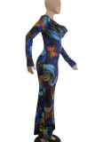 Blue Elegant Print Patchwork Ruched V Neck Long Dresses