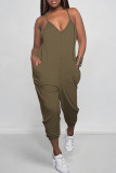 Burgundy Sexy Solid Color Pocket Patchwork Backless Spaghetti Strap Regular Jumpsuits