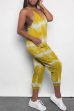 Blue Casual Street Tie Dye Print Pocket Contrast V Neck Loose Jumpsuits