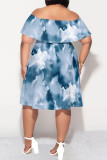 Blue Elegant Gradient Print Ruffle Off Shoulder Printed Plus Size Dresses