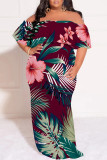 White Casual Street Floral Print Off Shoulder Printed Plus Size Dresses