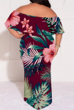 White Casual Street Floral Print Off Shoulder Printed Plus Size Dresses
