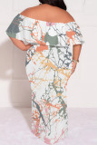 White Casual Street Floral Print Off Shoulder Printed Plus Size Dresses