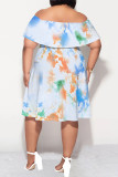 Blue Elegant Gradient Print Ruffle Off Shoulder Printed Plus Size Dresses