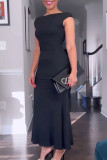 Coral Powder Elegant Solid Patchwork Backless O Neck Long Dresses