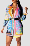 Multi-color Geometric Print Turndown Collar Colorblock Buttons Office Blouses Long Sleeve Shirts Long Tops