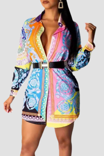 Multi-color Geometric Print Turndown Collar Colorblock Buttons Office Blouses Long Sleeve Shirts Long Tops
