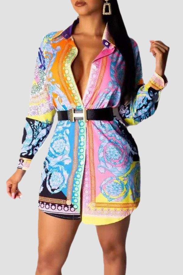 Multi-color Geometric Print Turndown Collar Colorblock Buttons Office Blouses Long Sleeve Shirts Long Tops