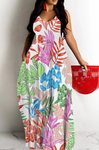 Red White Sexy Casual Floral Print Backless Spaghetti Strap Long Dresses