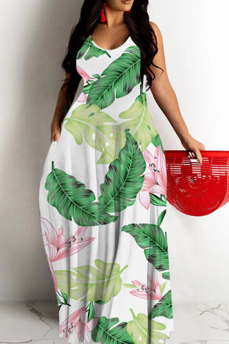 Green White Sexy Casual Floral Print Backless Spaghetti Strap Long Dresses