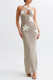 White Sexy Flowers Hollow Out Patchwork Backless Strap Design Halter Long Dresses
